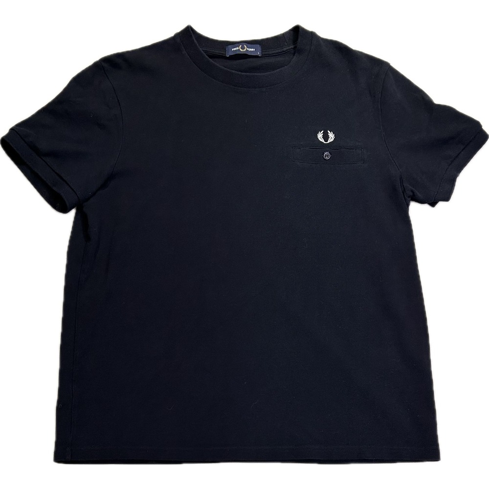 Fred Perry Mens Large Black Pique Cotton T-Shirt Laurel Wreath Pocket Logo